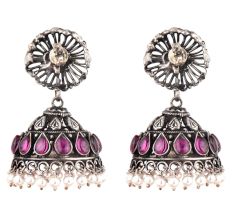 Big Floral Stud 92.5 Sterling Silver jhumkis Amethyst Stone Pearl Hangings