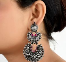 92.5 Sterling Silver Earrings Three layered Peacock Pink Onyx  Traditional  Design Danglers