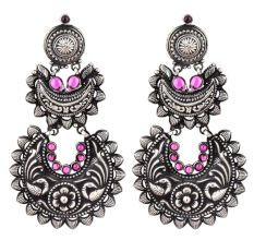 92.5 Sterling Silver Earrings Three layered Peacock Pink Onyx  Traditional  Design Danglers