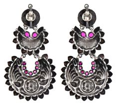 92.5 Sterling Silver Earrings Three layered Peacock Pink Onyx  Traditional  Design Danglers