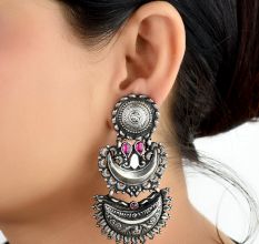 Three Layered 92.5 Sterling Silver Earrings Chandbali design border Floral Stud And Pink Onyx Stone