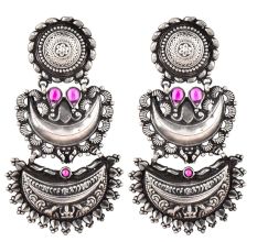 Three Layered 92.5 Sterling Silver Earrings Chandbali design border Floral Stud And Pink Onyx Stone