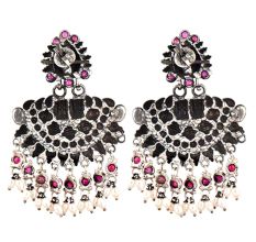 Engraved 92.5 Sterling Silver Earrings Chandbali Pink Howelite And Pearl Chandelier Earrings