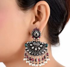 Engraved 92.5 Sterling Silver Earrings Chandbali Pink Howelite And Pearl Chandelier Earrings