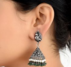 Peacock Engraved 92.5 Sterling silver Earrings Pyramid Shaped Jhumkis With Green Aventurine and Pearl Beads