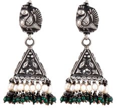 Peacock Engraved 92.5 Sterling silver Earrings Pyramid Shaped Jhumkis With Green Aventurine and Pearl Beads