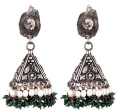 Peacock Engraved 92.5 Sterling silver Earrings Pyramid Shaped Jhumkis With Green Aventurine and Pearl Beads