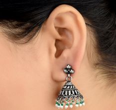 Tribal Style 92.5 Sterling Silver Earrings  Motifs With Green Aventurine And Pearl Tassels
