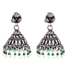 Tribal Style 92.5 Sterling Silver Earrings  Motifs With Green Aventurine And Pearl Tassels