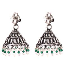 Tribal Style 92.5 Sterling Silver Earrings  Motifs With Green Aventurine And Pearl Tassels