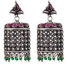 Long 92.5 Sterling Silver Earrings Dome Shape Engraved Oxidized Jhumkis Amethyst stone Green Aventurine Beads