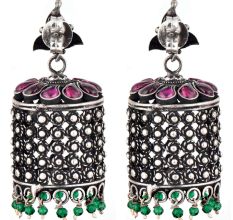 Long 92.5 Sterling Silver Earrings Dome Shape Engraved Oxidized Jhumkis Amethyst stone Green Aventurine Beads