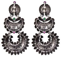 Three Layered 92.5 Sterling silver Earrings Engraved Design With Green Peridot and Pink Fuchsia Jade Stone