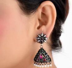 Semi precious Stones Studded 92.5 Sterling Silver Earrings or Jhumki Green Jade Pink Fuchsia And pearl Beads Tassels