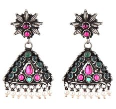 Semi precious Stones Studded 92.5 Sterling Silver Earrings or Jhumki Green Jade Pink Fuchsia And pearl Beads Tassels