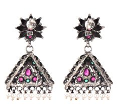 Semi precious Stones Studded 92.5 Sterling Silver Earrings or Jhumki Green Jade Pink Fuchsia And pearl Beads Tassels