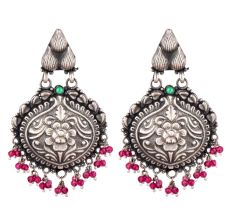 92.5 Sterling silver Earrings Big Floral Deign Engraved Danglers Pink Tourmaline Beads Green Peridot