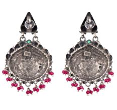 92.5 Sterling silver Earrings Big Floral Deign Engraved Danglers Pink Tourmaline Beads Green Peridot