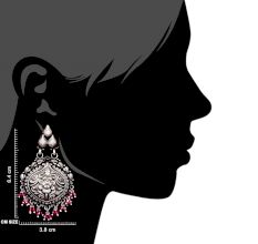 92.5 Sterling silver Earrings Big Floral Deign Engraved Danglers Pink Tourmaline Beads Green Peridot