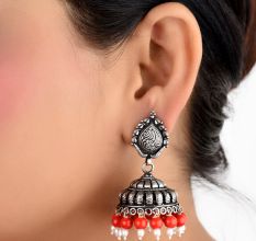 Traditional 92.5 Sterling Silver Earrings  Intricate Carved Jhumkis With Coral And Pearls