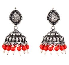 Traditional 92.5 Sterling Silver Earrings  Intricate Carved Jhumkis With Coral And Pearls