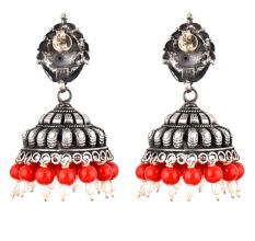 Traditional 92.5 Sterling Silver Earrings  Intricate Carved Jhumkis With Coral And Pearls