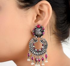 Floral Design 92.5 Sterling Silver Earrings Adorned With Pink Tourmaline Stones