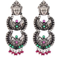 Durga Stud 92.5 Sterling silver Earrings Three Layered Danglers adorned with pink Tourmaline And Green Peridot Stones
