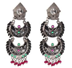 Durga Stud 92.5 Sterling silver Earrings Three Layered Danglers adorned with pink Tourmaline And Green Peridot Stones