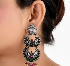 Durga Stud 92.5 Sterling silver Earrings Three Layered Danglers adorned with pink Tourmaline And Green Peridot Stones