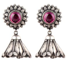 Pink Flower Stud 92.5 Sterling silver Earrings Tourmaline Stone studded Inverted Flower Jhumki