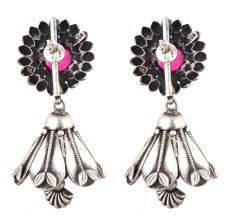 Pink Flower Stud 92.5 Sterling silver Earrings Tourmaline Stone studded Inverted Flower Jhumki