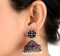 Pink Tourmaline Studded 92.5 Sterling silver  Earrings  Floral With Pearl Beads tassels