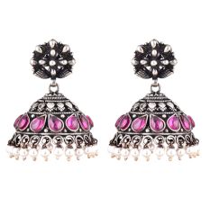 Pink Tourmaline Studded 92.5 Sterling silver  Earrings  Floral With Pearl Beads tassels