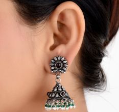 Intricate Floral 92.5 Sterling Silver Earrings Stud With Embossed Design Jhumki With Black Onyx Green Onyx and pearl Tassels
