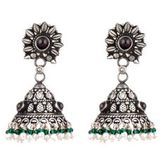 Intricate Floral 92.5 Sterling Silver Earrings Stud With Embossed Design Jhumki With Black Onyx Green Onyx and pearl Tassels