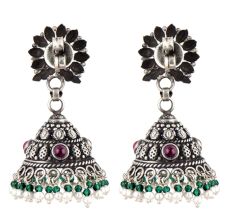 Intricate Floral 92.5 Sterling Silver Earrings Stud With Embossed Design Jhumki With Black Onyx Green Onyx and pearl Tassels