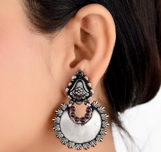 92.5 Sterling Silver Earrings Chandbali Leafy Pattern Amethyst Stone Ring Border Dangler