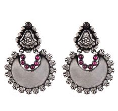 92.5 Sterling Silver Earrings Chandbali Leafy Pattern Amethyst Stone Ring Border Dangler