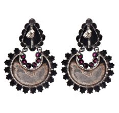92.5 Sterling Silver Earrings Chandbali Leafy Pattern Amethyst Stone Ring Border Dangler