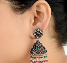 Multicolored Triangular Sterling Silver Earrings Stone Studded jhumki