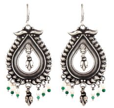 Big Teardrop 92.5 Sterling Silver Earrings With Motifs Floral Design pearl and Green Peridot Beads Hangings