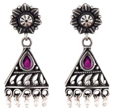 Triangular 92.5 Sterling Silver Earrings With Big Teardrop Amethyst And Pearl Bead Hangings