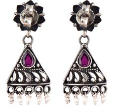 Triangular 92.5 Sterling Silver Earrings With Big Teardrop Amethyst And Pearl Bead Hangings