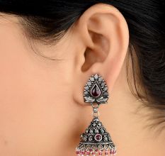 Tribal Floral Stud 92.5 Sterling Silver Earrings Decorated With Amethyst And Pink Tourmaline Bead Jhumki