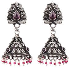 Tribal Floral Stud 92.5 Sterling Silver Earrings Decorated With Amethyst And Pink Tourmaline Bead Jhumki