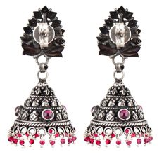 Tribal Floral Stud 92.5 Sterling Silver Earrings Decorated With Amethyst And Pink Tourmaline Bead Jhumki