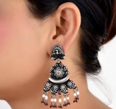 Peacock Stud  92.5 Sterling Silver Earrings Motifs engraved Danglers With Red Chalcedony And Pearl Beads