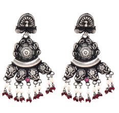 Peacock Stud  92.5 Sterling Silver Earrings Motifs engraved Danglers With Red Chalcedony And Pearl Beads