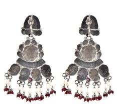 Peacock Stud  92.5 Sterling Silver Earrings Motifs engraved Danglers With Red Chalcedony And Pearl Beads